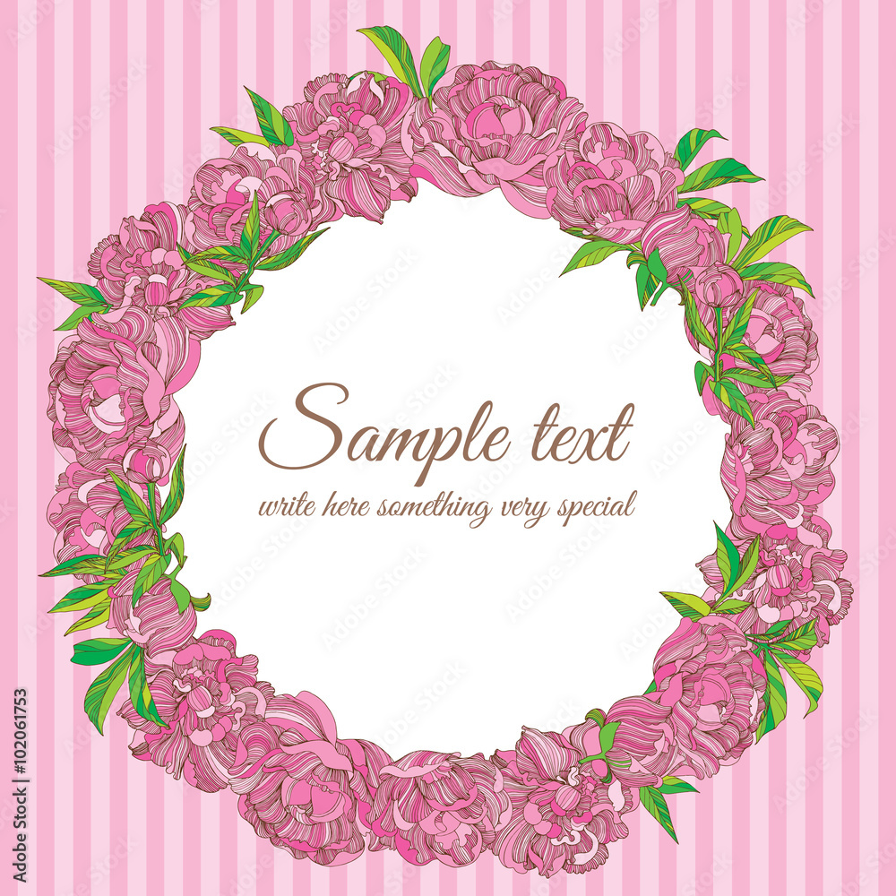 Vector greeting card pattern with peony wreath