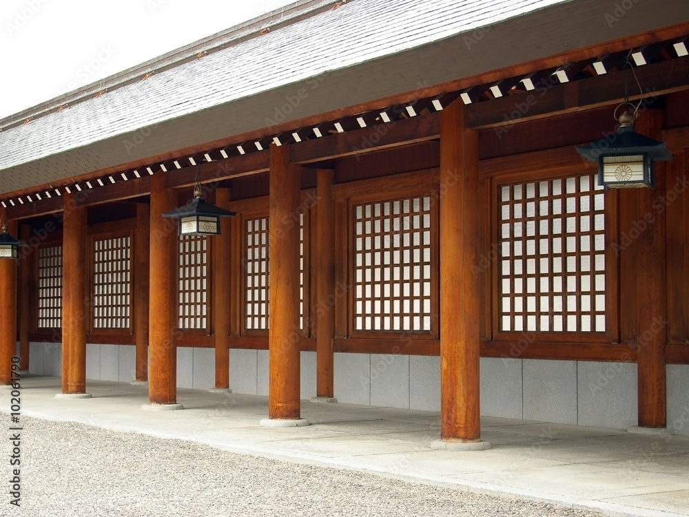 Wooden colonnade Shinto a temple