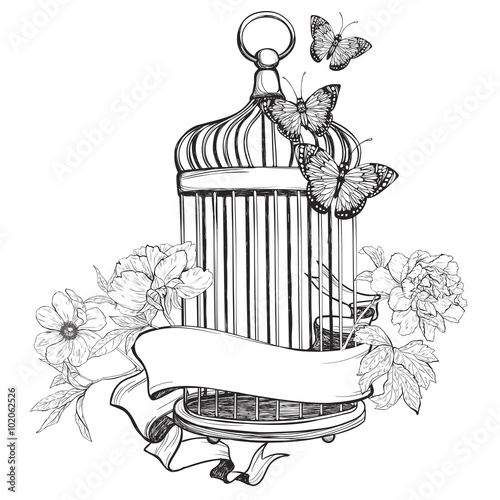 Birdcage wih ribbon, flowers and butterfly