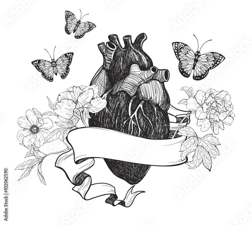 Human anatomical heart whith flowers.