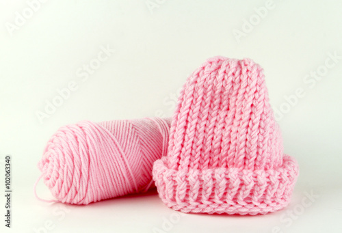 Knitted Pink Stocking Hat and Yarn