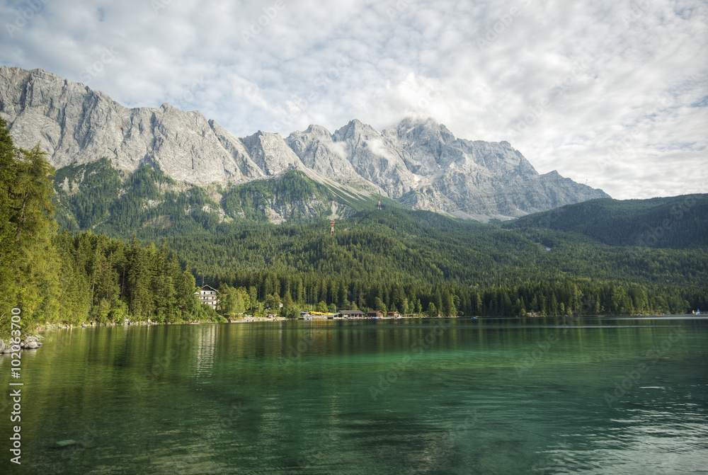 Eibsee lake and Zugspitze, at 2,962 meters, is the highest peak of the Wetterstein Mountains as well as the highest mountain in Germany, Europe