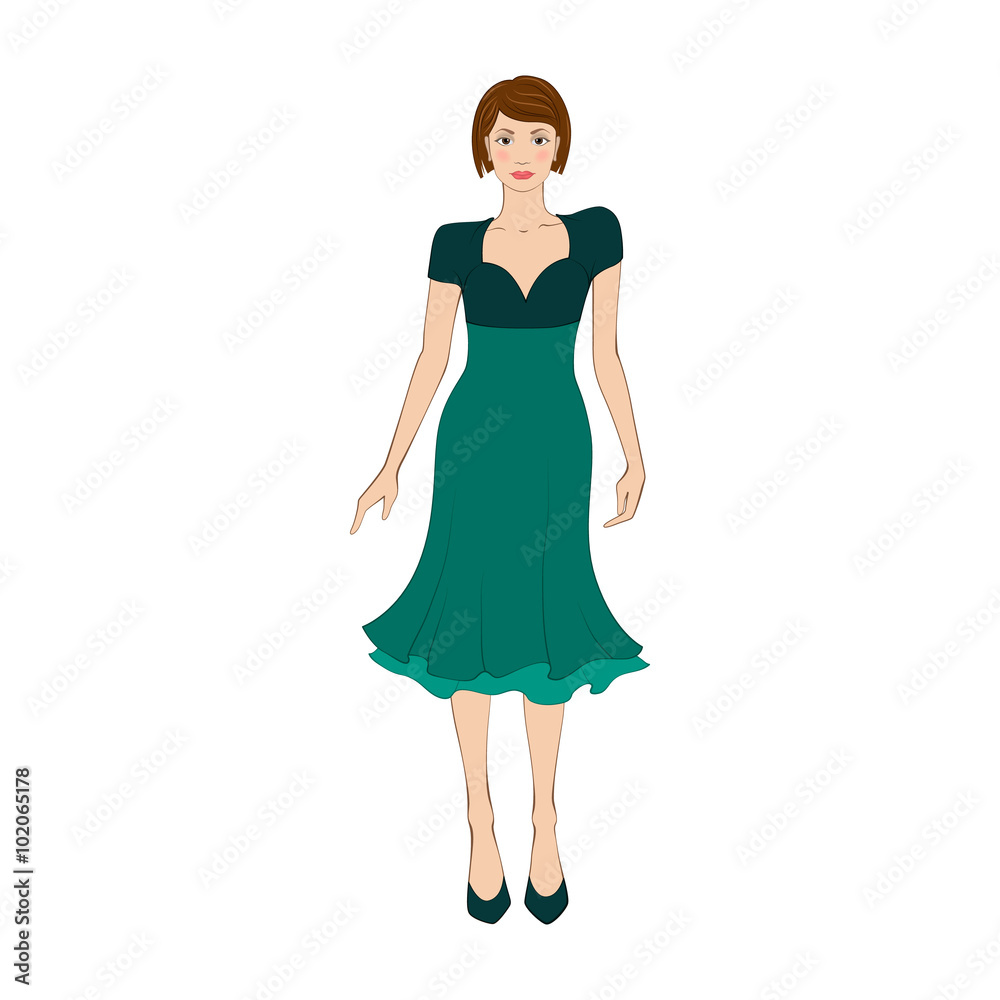 Woman in elegant green dress flat icon 