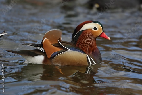 Mandarin duck (Aix galericulata) floats on water.