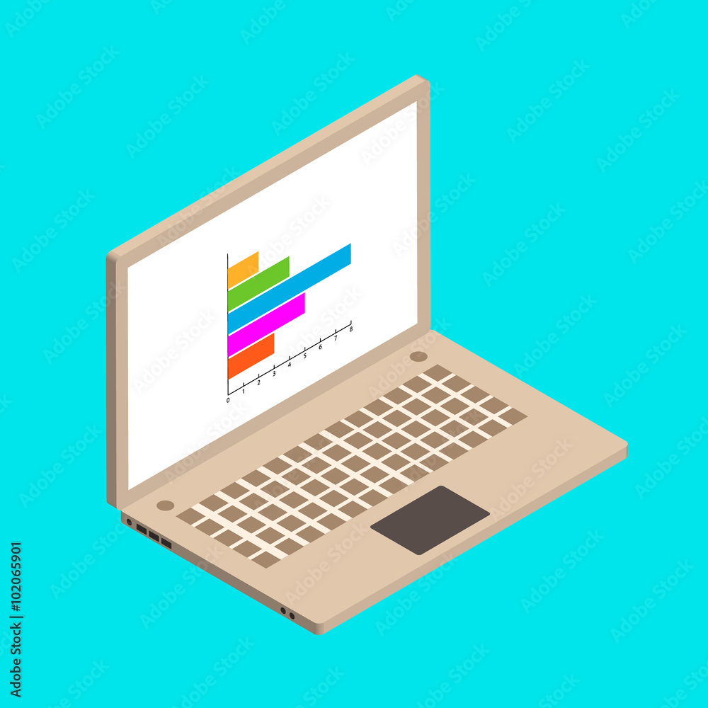 Isometric illustration witn laptop and chart for your design Isometric illustration witn laptop and chart for your design