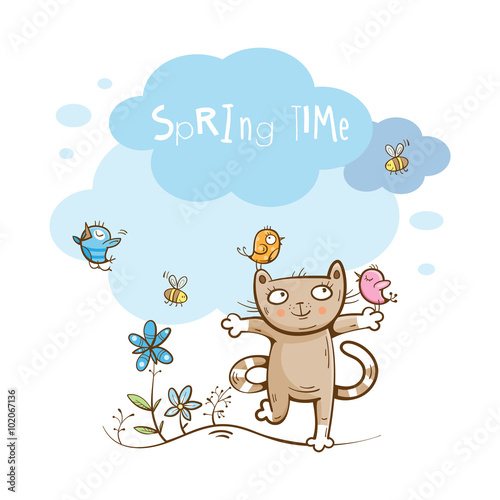 Vector spring card with cute cartoon cat,  bird and bees.