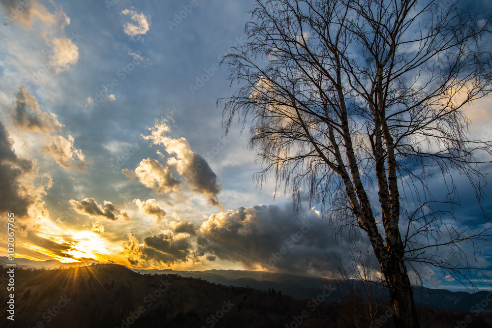 Fototapeta premium Autumn scenery in remote rural area in Transylvania and dramatic cloudy sky