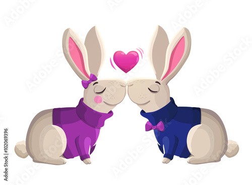 Two kissing rabbits isolated on white background.