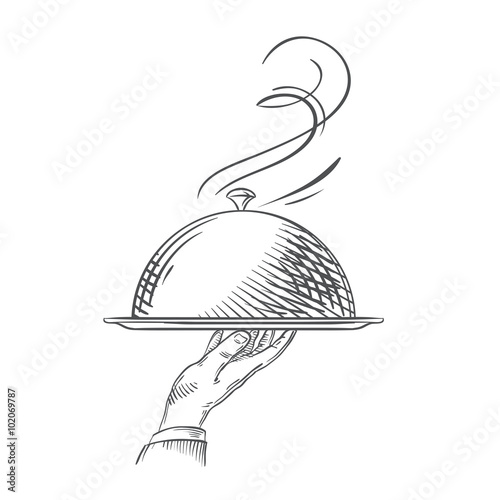 Vector hand-drawn illustration of waiter hand holding a tray