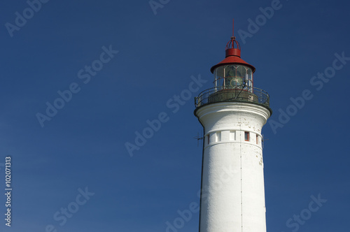 Lynvig Lighthouse against blue sky at the Danish North Sea coast, Lynvig Fyr, Noerre Lyngvig, Jutland, Denmark, Europe 