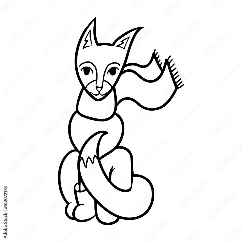 Obraz premium Cartoon fox wearing scarf and boots. Black and white coloring.