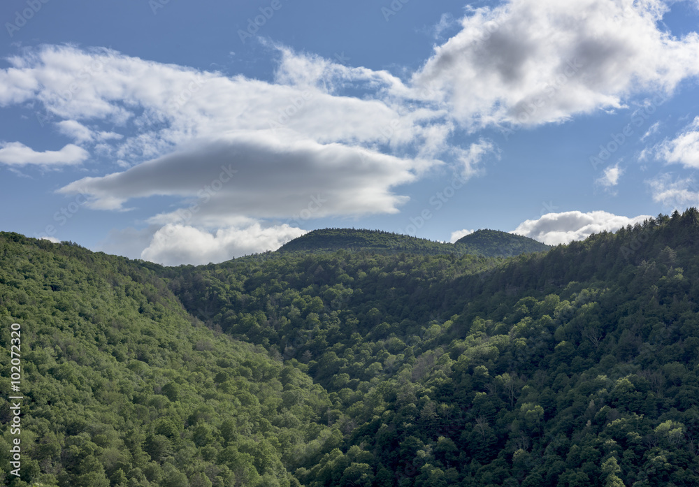 Katterskill Clove and Mountains of New York - Summer view through the Kaaterskill Clove in the Catskill Mountains of New York, with Indian Head Mountain in the background Katterskill Clove and Mountains of New York - Summer view through the Kaaterskill Clove in the Catskill Mountains of New York, with Indian Head Mountain in the background