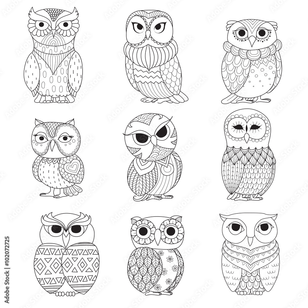 Naklejka premium Nine owls design for coloring book, tattoo, shirt design and other decoration