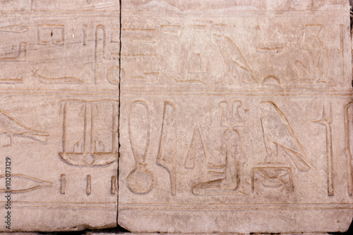 Egyptian hieroglyphs. Hieroglyphic carvings on a wall