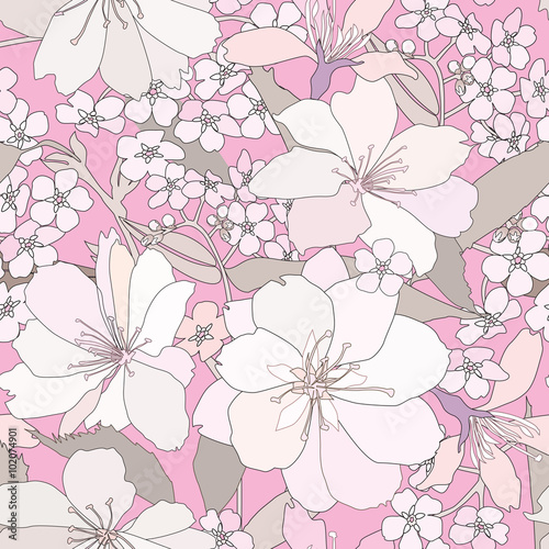 Floral seamless background. Apple tree flower pattern Flourish spring gentle wallpaper 