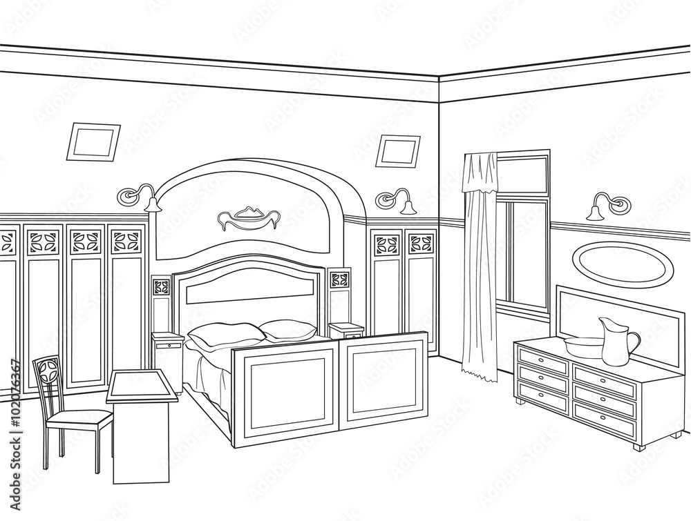 Fototapeta premium Bedroom furniture. Interier vector illustration. Outline room blueprint. 