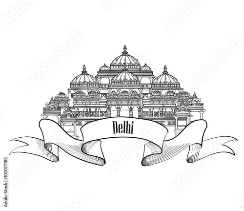 Delhi travel label.  Indian Landmark symbol. Akshardham, Delhi, India. photo