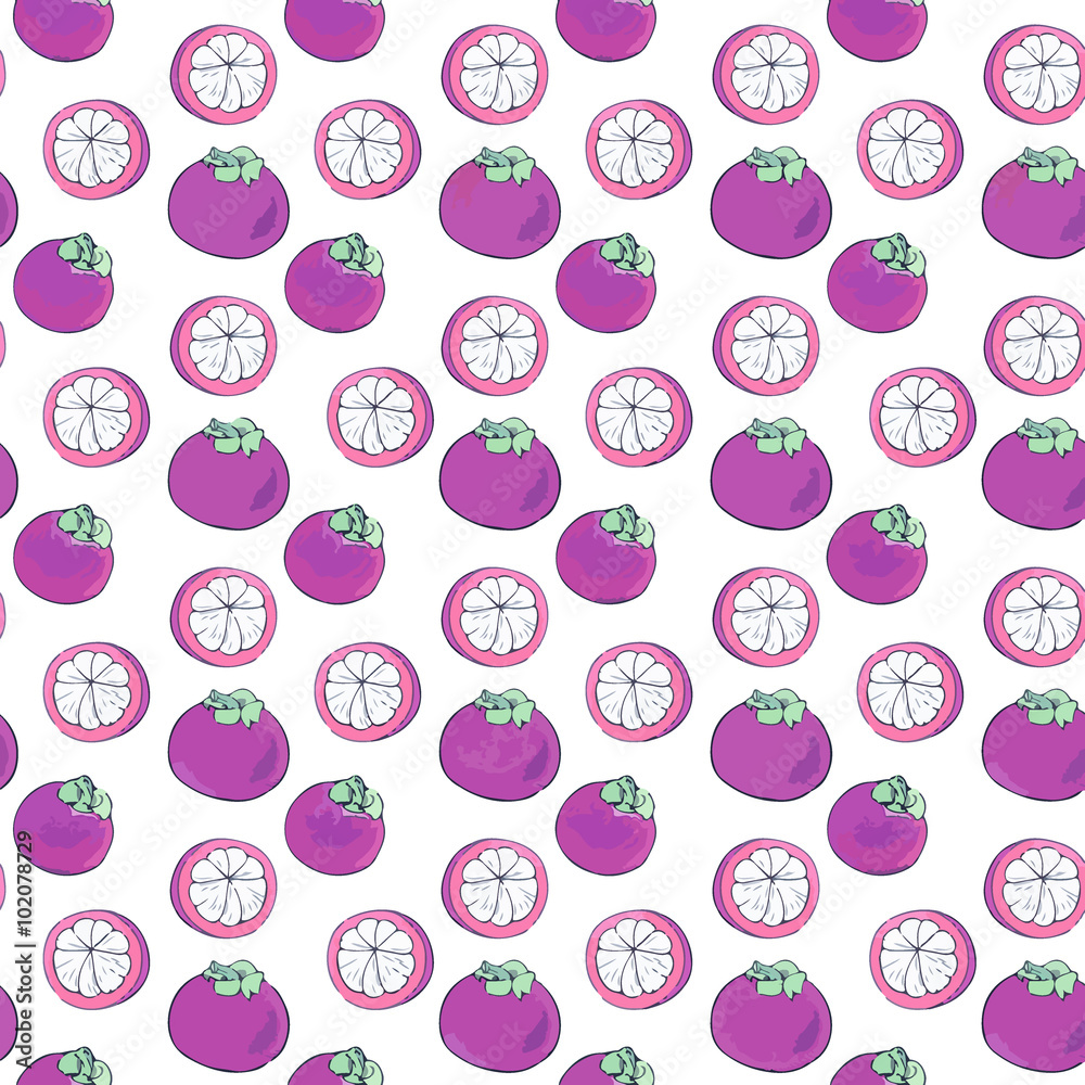 Mangosteen. Seamless pattern with real watercolor drawing - vector illustration.