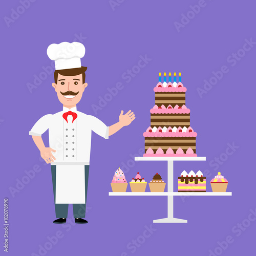 chef confectioner in uniform with cream cakes and cupcakes