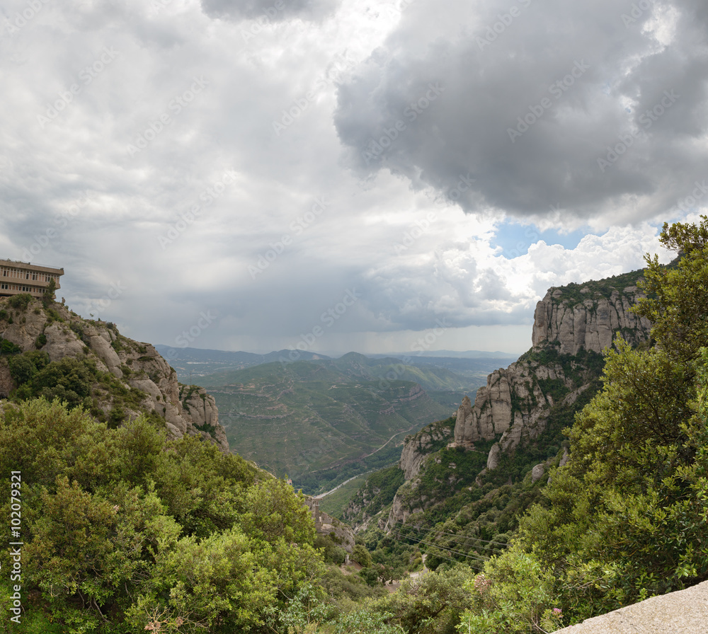 Panoramic view of Llobregat river valley from Montserrat Abbey,