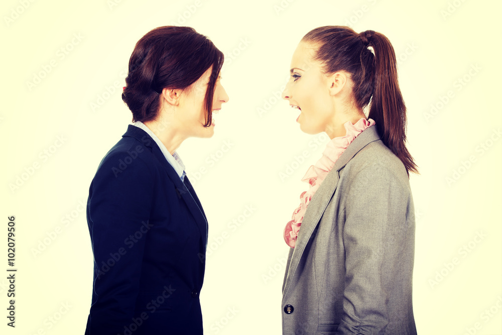 Angry businesswomans screaming at each other. Angry businesswomans screaming at each other.