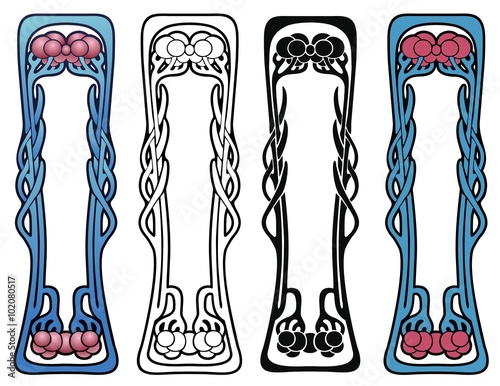 With and without gradients, outline and stencil versions of an Art Nouveau style ornament.