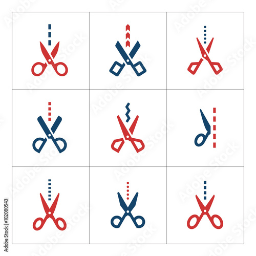 Set color icons of scissors with cut line