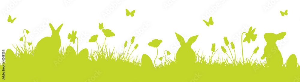 Obraz premium Frohe Ostern Silhouette mit Osterhase und Ostereier grün