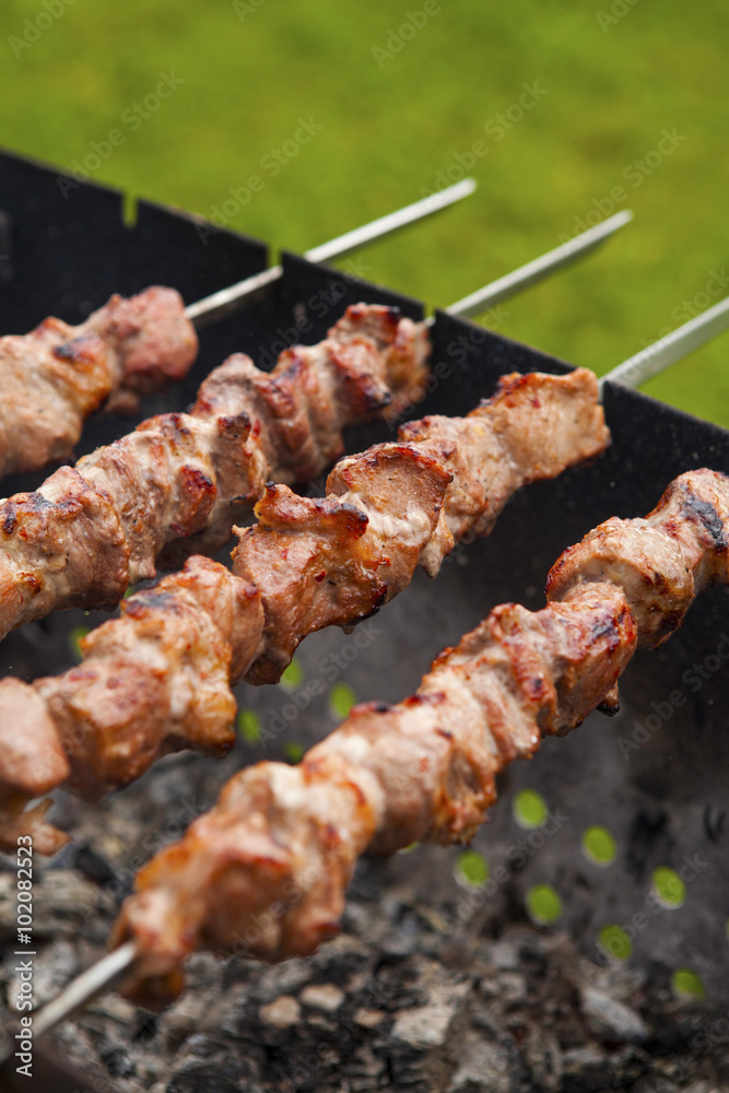 Pork shashlyk (shish kebab) roasting on skewers in the garden