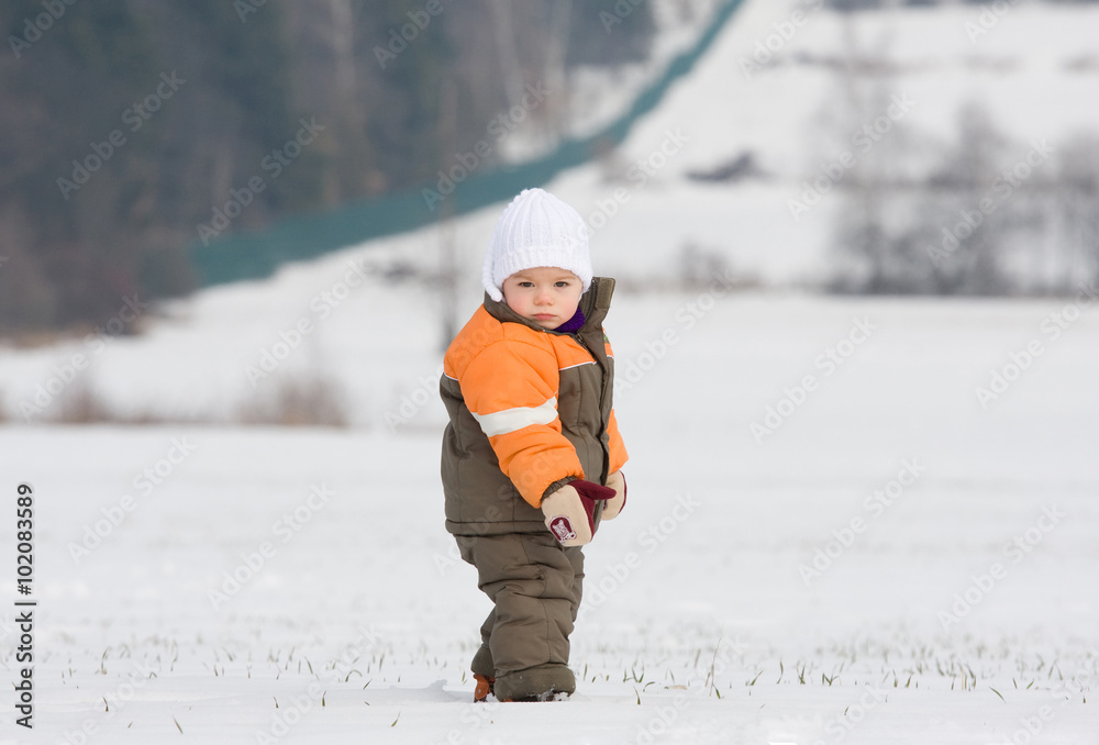 Portrait of little boy in snowy landscape