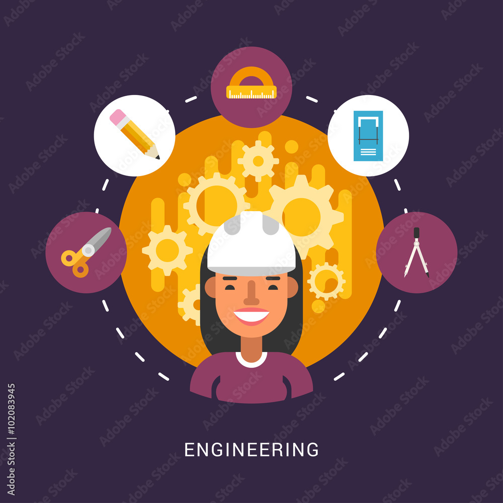 Building Icons and Objects in the Shape of Circle. Engineer Female Cartoon  Character. Vector Illustration in Flat Design Style Stock Vector | Adobe  Stock