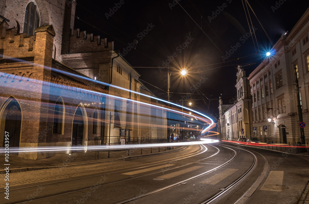 Light trails on a street in old town, Krakow, Poland