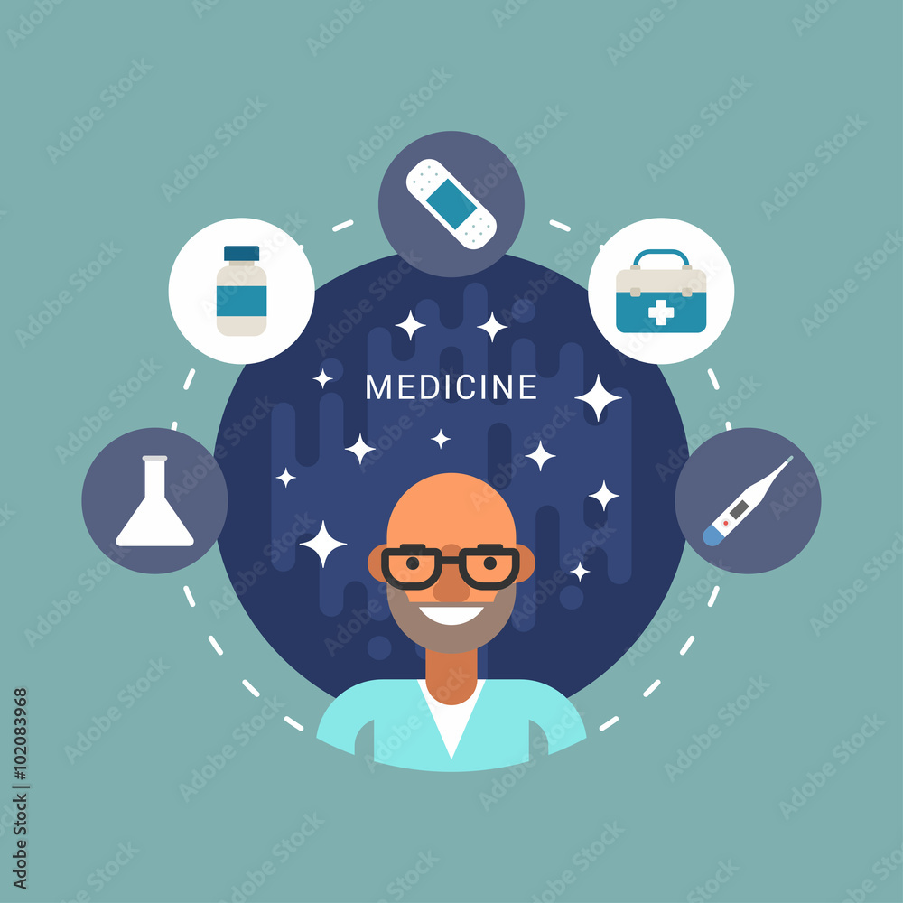 Medicine Icons and Objects in the Shape of Circle. Doctor Cartoon Character. Vector Illustration in Flat Design Style Medicine Icons and Objects in the Shape of Circle. Doctor Cartoon Character. Vector Illustration in Flat Design Style