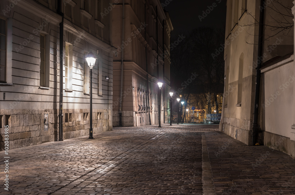 Jagiellonska street in university quarter, Krakow, Poland, in the night