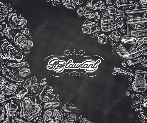 restaurant. hand-drawn sketches on the theme of food and drinks. vector illustration