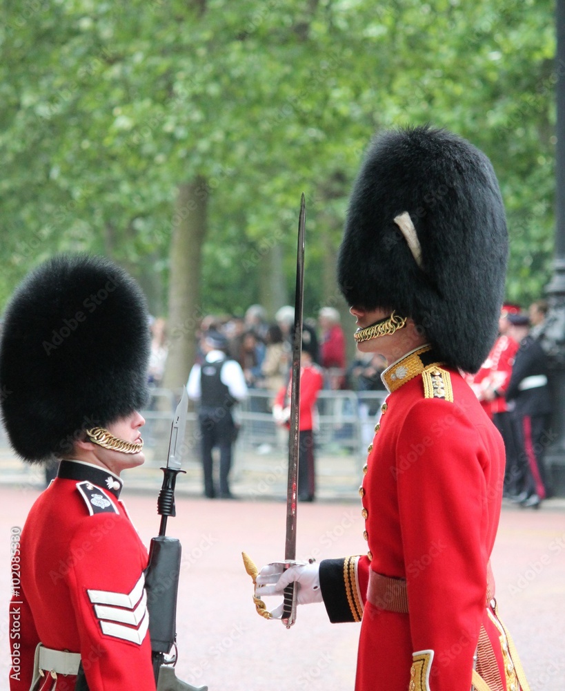 Fototapeta kings gaurd Queens soldier gaurd, Buckingham Palace, London, UK-July 06, soldier of the royal guard, trooping the colour, changing the guard, July 06.2015 in London stock, photo picture