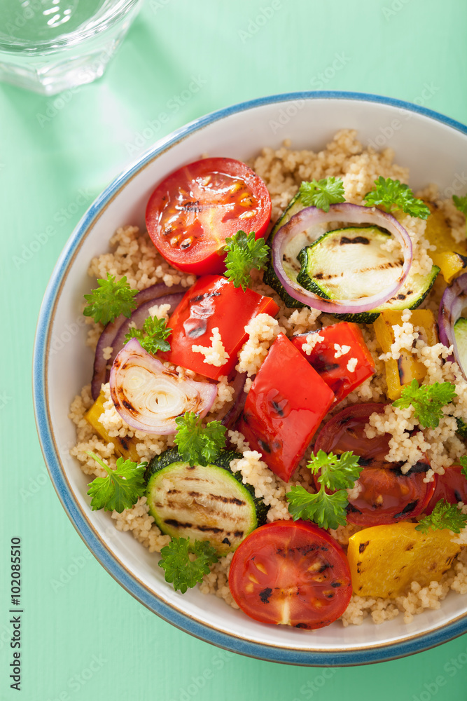 healthy couscous salad with grilled tomato pepper zucchini onion