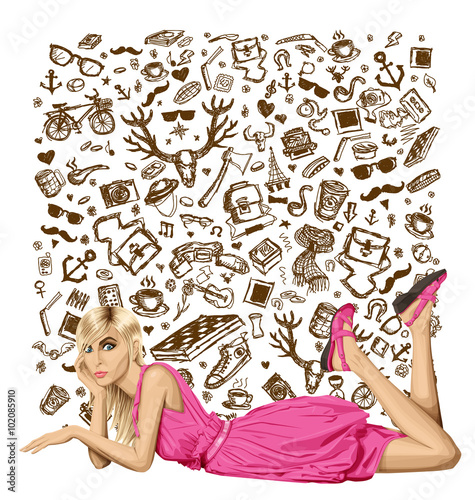 Blonde in pink lies on a floor