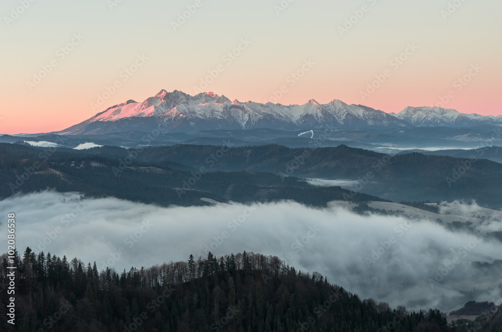 Tatra Mountains from Wysoka in Pieniny mountains, autumn morning