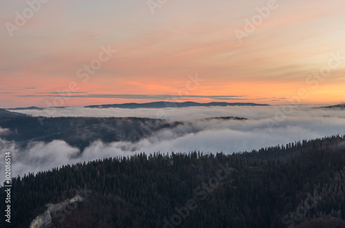 Fototapeta Naklejka Na Ścianę i Meble -  Carpathian mountains in the clouds, sunrise seen from Wysoka mountain in Pieniny, Poland