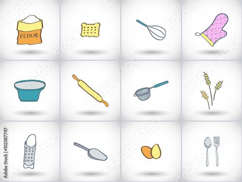 Bakery icon set. Hand-drawn collection of cartoon icons, kitchen tools and food -  flour, scoop, bowl, cookie, sieve, whisk, kitchen mitten. Vector illustration