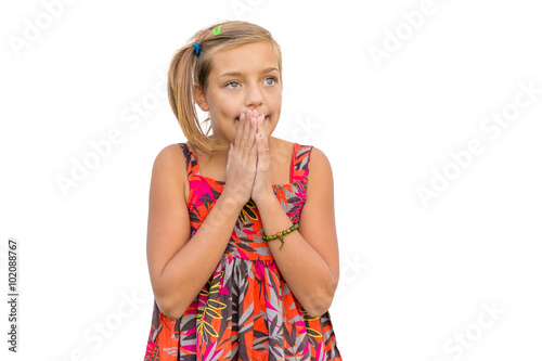 Thoughtful child girl excited expression isolated on white backgroud