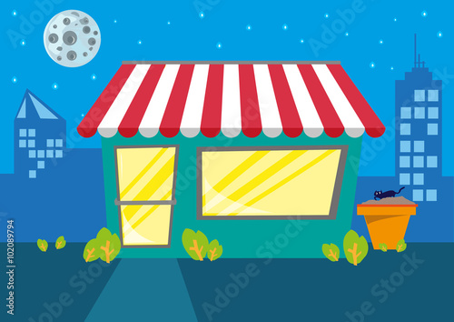 A Store or Restaurant at Night in the City. Editable Clip Art.
