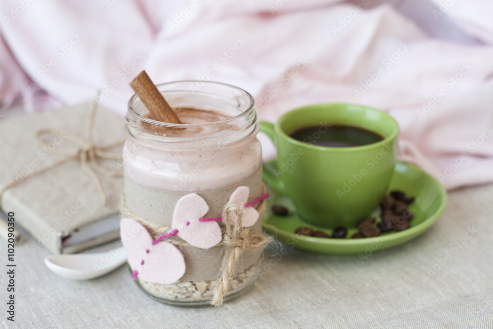 Romantic rich breakfast: oatmeal with berry yogurt and cinnamon, Romantic rich breakfast: oatmeal with berry yogurt and cinnamon,