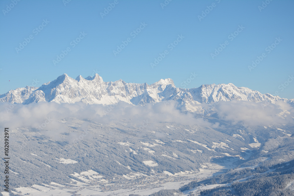 Peaks and Valley in Alps in winter.
