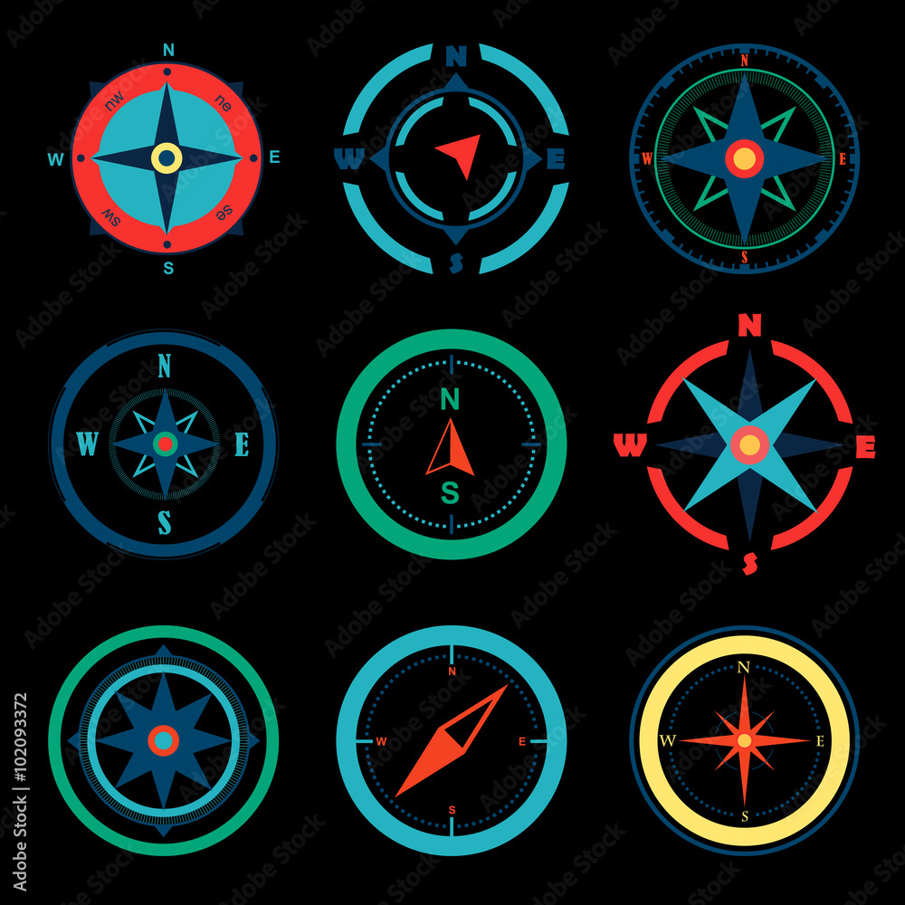 Compasses flat icons set. Vector illustration