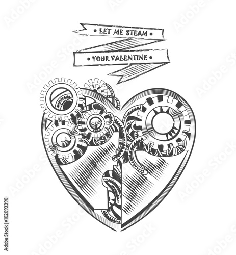steampunk hipster vector drawing Valentine heart art element for card, site