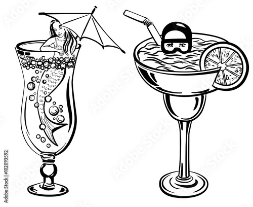 Cocktail fantasy with mermaid and diver