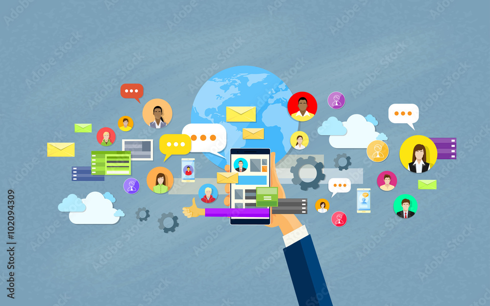 Hand Hold Cell Smart Phone Social Network Communication Concept Flat Design Vector Illustration