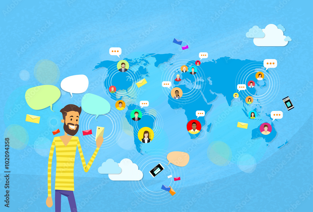 Man Chatting Texting, Social Network Communication Concept World Map Coworking Flat Vector Illustration Man Chatting Texting, Social Network Communication Concept World Map Coworking Flat Vector Illustration